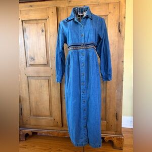 VINTAGE 90s Long Sleeve Denim Button-Up Embroidered Dress